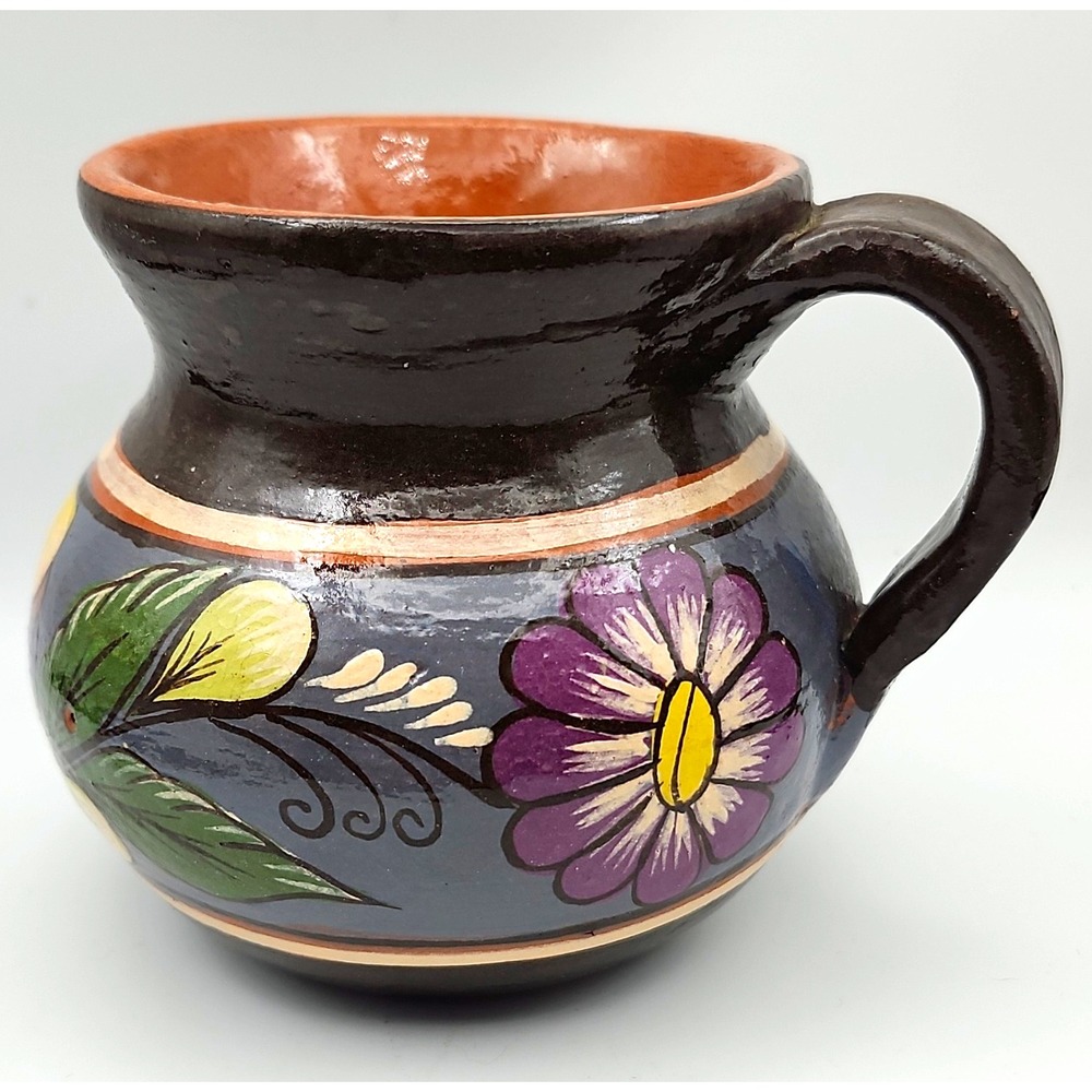 Hand Painted Mexican Pottery Mug Jarrito Terracotta Folk Art Floral Cup 4"